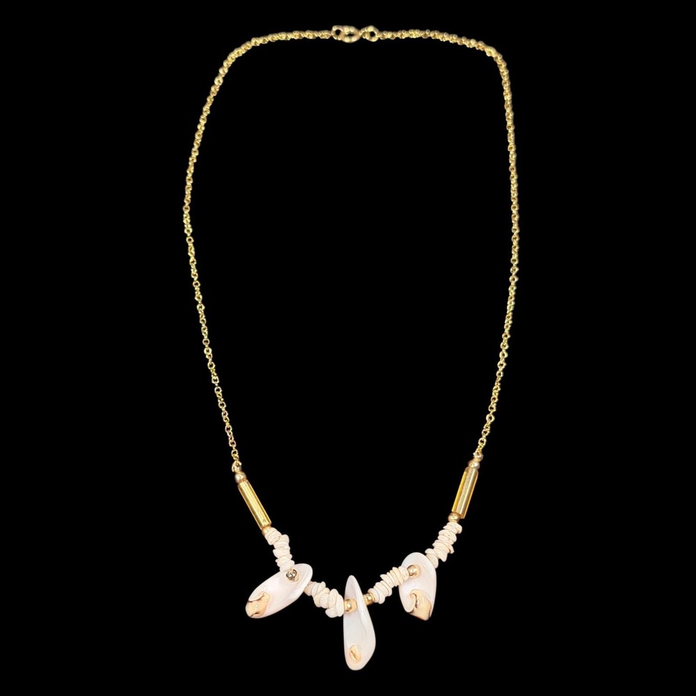 VTG 80s Pink Snakehead Cowrie Shell Mixed Media Necklace 17" Liquid Gold Tone